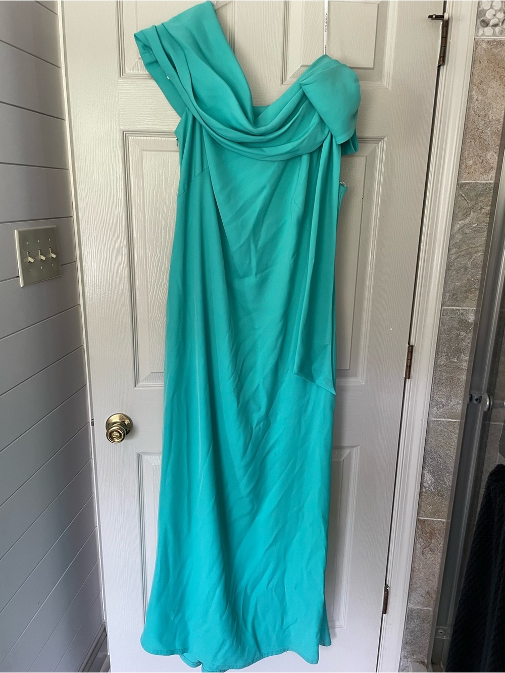 Tadashi Shoji Teal One-Shoulder Maxi Gown with Draped Knot - Picture 3 of 7